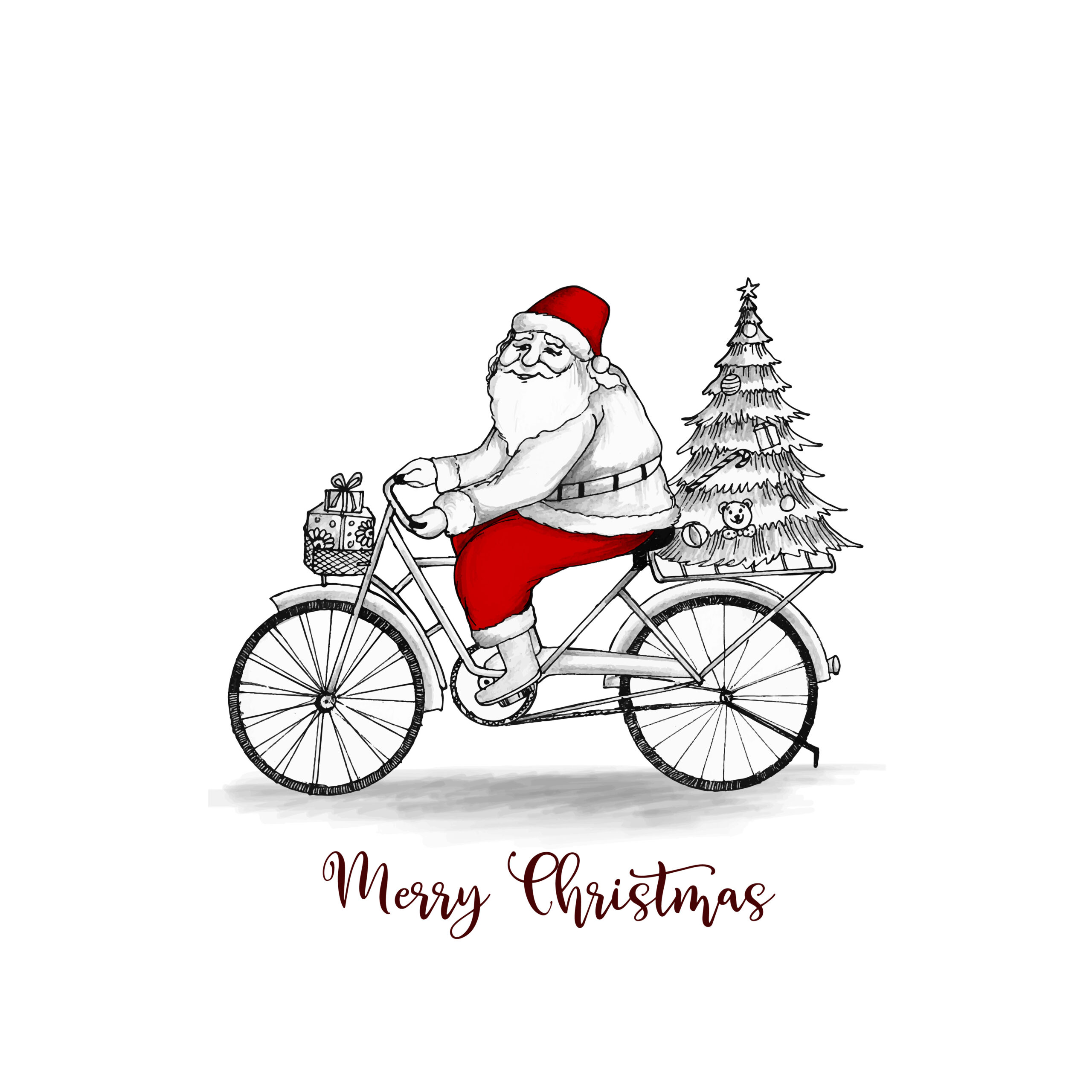 Merry Christmas festival background with santa claus on bicycle